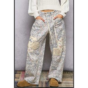 POL Floral Patchwork Wide-Leg Pants in Cream and Tan